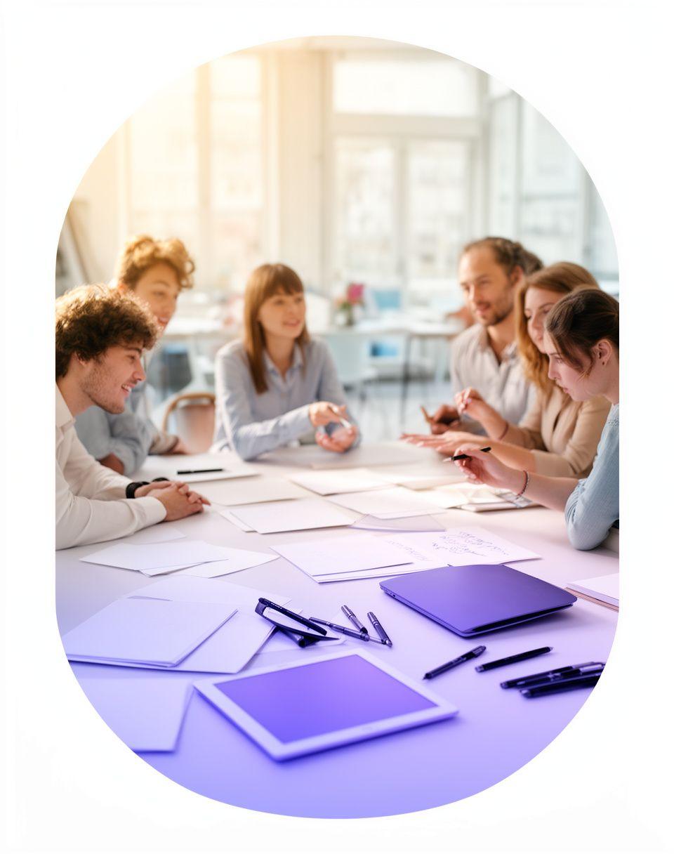 Creative team reviewing a personalised calligraphy automation concept in a bright Madrid studio