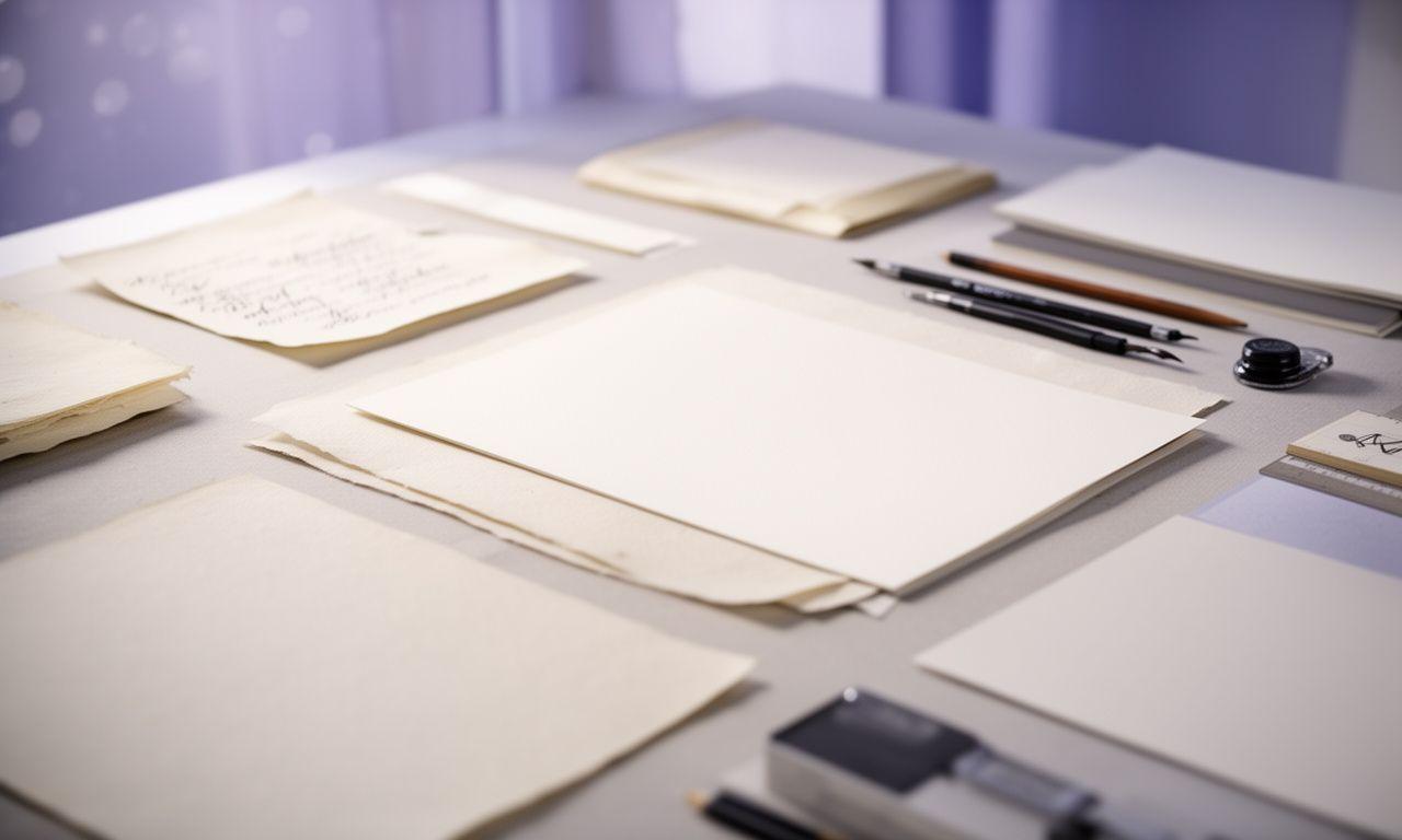 Mesa de trabajo con letras caligráficas generadas por IA, papeles artesanales y luz suave en un estudio creativo de Madrid